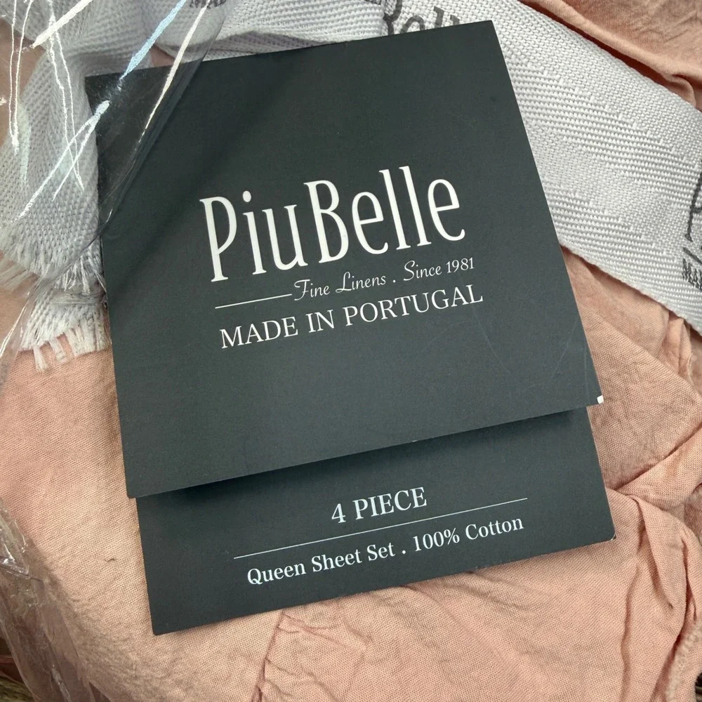 PiuBelle Queen Sheet Set Blush Pink 100% Cotton Ruffle Trim Made in Portugal NEW